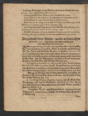 Verzeichnüß derer Bücher/ welche in Leipzigischer Ostermeß 1652. ausgangen/ ...
