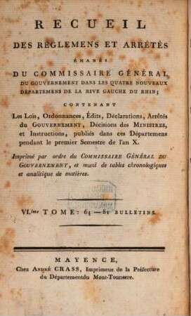 Recueil des réglemens et arrêtés émanés du Commissaire Géneral du Gouvernement dans les Quatre Nouveaux Départemens de la Rive Gauche du Rhin. 6. [1802] = Bulletin 64 - 81