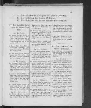 IV. A) Das Hochlöbliche Collegium der Herren Oberalten. B) Das Collegium der Herren Sechsziger. C) Das Collegium der Herren Hundert und Achtziger.