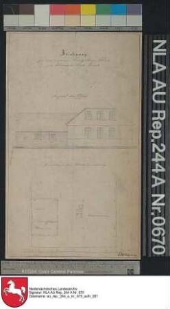 Ansicht und Grundriß von der Navigationsschule in TIMMEL Kolorierte Zeichnung von H. Balke Papier Format 19,2x32,5 M 1:169