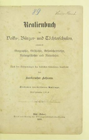 Realienbuch für Volks-, Bürger- und Töchterschulen : enthaltend Geographie, Geschichte, Gesundheitslehre, Naturgeschichte und Naturlehre