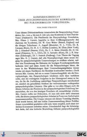 Inge Strauch: Konferenzbericht über "Psychophysiologische Korrelate bei paranormalen Vorgängen"
