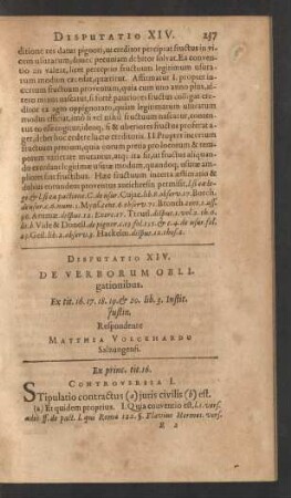 Disputatio XIV. De Verborum Obligationibus ... Respondente Matthia Volckhardo Saltzungensi