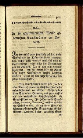Ueber die in gegenwärtigen Werke gebrauchten Kunstwörter der Botanik.
