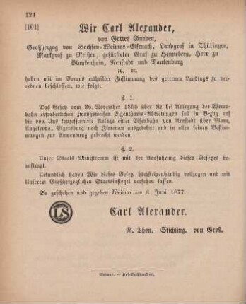 101. Expropriationsgesetz für den Bau einer Eisenbahn von Arnstadt nach Ilmenau