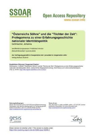 "Österreichs Söhne" und die "Töchter der Zeit": Prolegomena zu einer Erfahrungsgeschichte nationaler Identitätspolitik