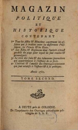 Magazin politique et historique, 2. 1780