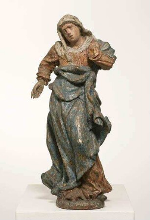 Statuette: Stark bewegte Figur einer stehenden weiblichen Heiligen (Maria Magdalena von einer Kreuzigungsgruppe?)