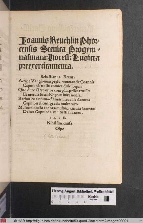 Ioannis Reuchlin Phorcensis Scenica Progymnasmata: Hoc est: Ludicra preexercitamenta