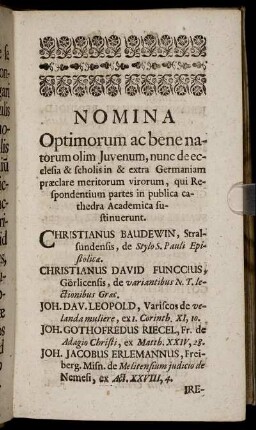 Nomina Optimorum ac bene natorum olim Juvenum, ...