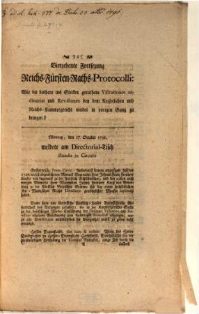 Im Reichsfürstenrath : ... Fortsetzung des Protokolls, 1791