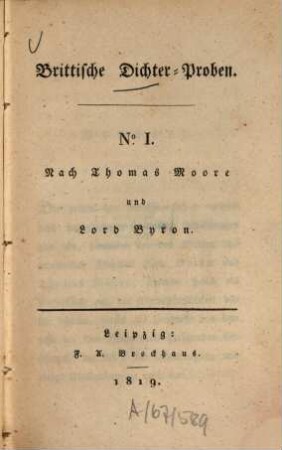 Brittische Dichter-Proben, 1. Nach Thomas Moore und Lord Byron