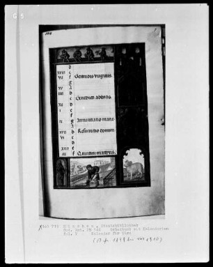 Gebetbuch mit Kalendarium — Buchseite mit Monatsbild März und Tierkreiszeichen, Folio 7recto