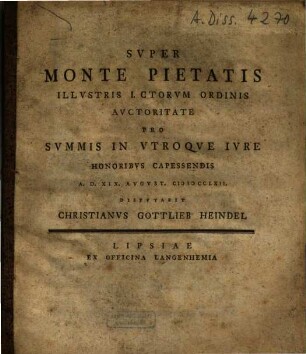 Super Monte Pietatis ... Disputabit Christianus Gottlieb Heindel