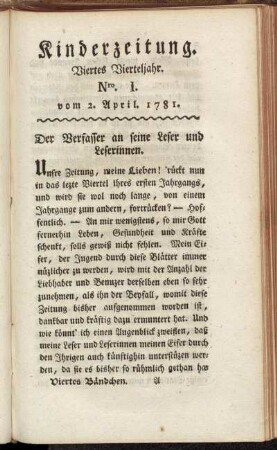Kinderzeitung. Viertes Vierteljahr. Nro. I. vom 2. April. 1781.