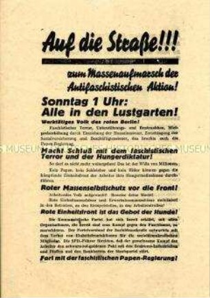 Propagandaflugblatt der KPD zur Reichstagswahl am 31. Juli 1932 mit dem Aufruf zu einer Massenkundgebung im Lustgarten