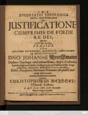 Dissertatio Theologica Anti-Calviniana De Iustificatione Cum Primis De Foede Re Dei