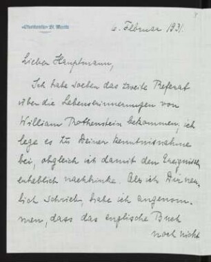 Brief von Samuel Fischer an Gerhart Hauptmann, geschrieben von Hedwig Fischer