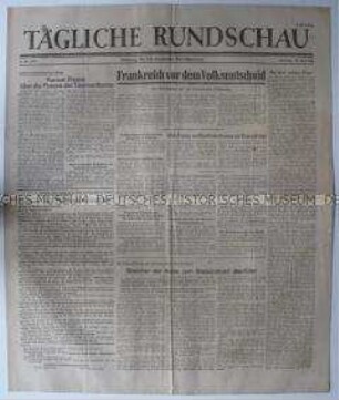 Sowjetische Tageszeitung für die deutsche Bevölkerung "Tägliche Rundschau" u.a. zum Nürnberger Prozess und zum bevorstehenden Volksentscheid über die Verfassung in Frankreich