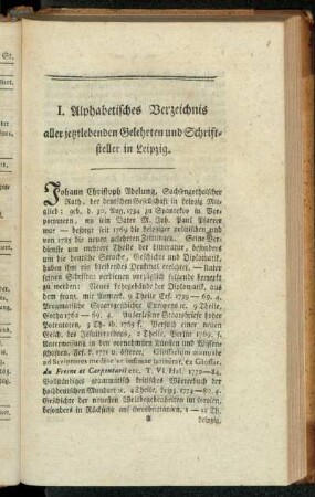 I. Alphabetisches Verzeichnis aller jetztlebenden Gelehrten und Schriftsteller in Leipzig.