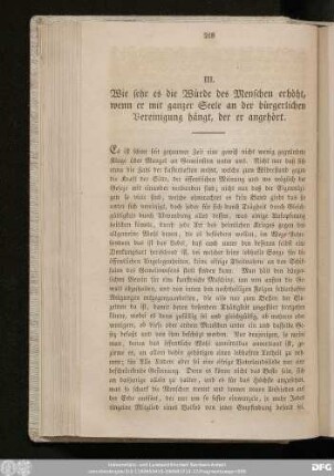 III. Wie sehr es die Würde des Menschen erhöht, wenn er mit ganzer Seele an der bürgerlichen Vereinigung hängt, der er angehört.