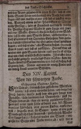 Das XIV. Capitel. Von der schwartzen Farbe. Schwartze Seiden-Farbe.