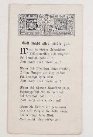 Religiöses Kärtchen: „Gott macht alles wieder gut“
