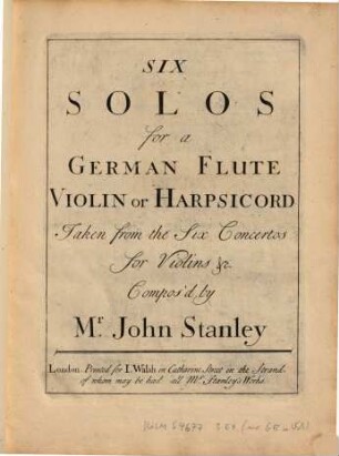 Six solos for a german flute, violin or harpsichord : taken from the six concertos for violins &c.