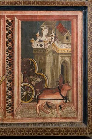 Jakobusaltar — Szenen aus der Legende um Jakobus den Älteren — Ereignisse nach dem weltlichen Tode Jakobus des Älteren — Wilde Stiere bringen den Leichnam Jakobus' in das Schloss der Königin Lupa