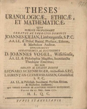 Theses uranologicae, ethicae, et mathematicae
