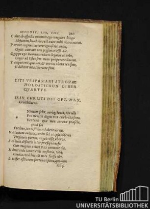 Titi Vespasiani Strozae Aeolostichon Liber Quartus.