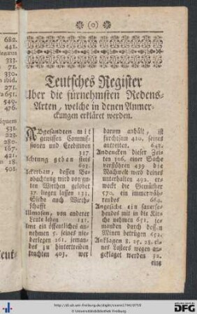 Teutsches Register über die fürnehmsten Redensarten, welche in denen Anmerckungen erkläret werden.