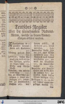 Teutsches Register über die fürnehmsten Redensarten, welche in denen Anmerckungen erkläret werden.