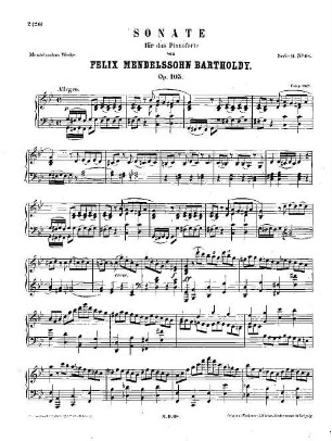 Felix Mendelssohn-Bartholdys Werke. 11,68. Nr. 68, Sonate : op. 105 in G[moll]. - 15 S. - Pl.-Nr. M.B.68