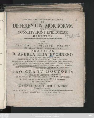 Dissertatio Inavgvralis Medica De Differentiis Morborvm Qvae Constitvtioni Epidemicae Debentvr