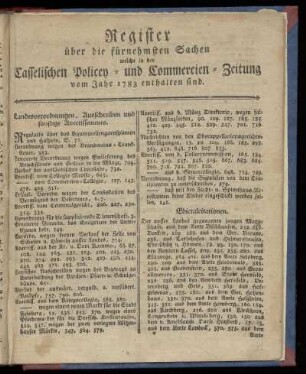 Register ueber die fuernehmsten Sachen welche in der Casselischen Policey- und Commercien-Zeitung vom Jahr 1783 enthalten sind
