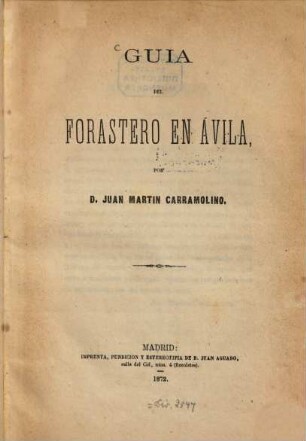 Guía del forastero en Ávila : Por Juan Martín Carramolino