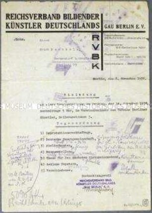 Einladung des Reichsverbandes Bildender Künsler Deutschlands, Gau Berlin, an den Maler Erich Buchholz zu einer Vorstandssitzung mit rückseitigen Notizen einer Besprechung vom 26. November 1930 - Sachkonvolut