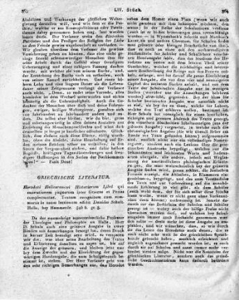 Herodoti Halicarnassei Historiarum Libri qui enarrationem pugnarum inter Graecos et Persas complectuntur. Textum recognitum cum summariis in usum lectionum edidit Davides Schulz. Halle, bey Hemmerde. 546 S. gr. 8.