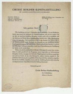 Große Berliner Kunstausstellung / gez. Albert Hensel. Berlin. Briefkopf: "Grosse Berliner Kunstausstellung / im Landesausstellungsgebäude / Berlin NW 40, den 4. September 1922 / Alt-Moabit 4-10".