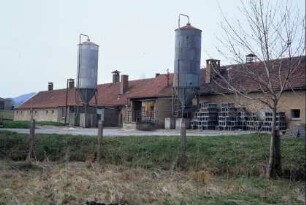 langgestrecktes Stallgebäude, zwei Hochsilos