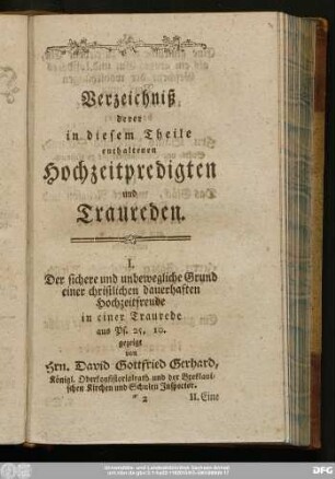 Verzeichniß derer in diesem Theile enthaltenen Hochzeitpredigten und Traureden.