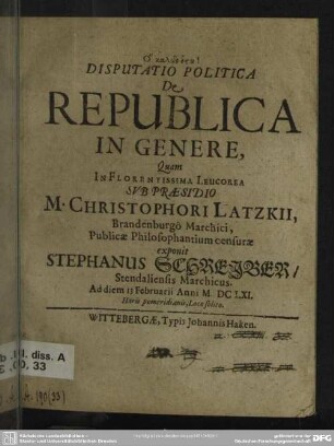 Disputatio politica de republica in genere