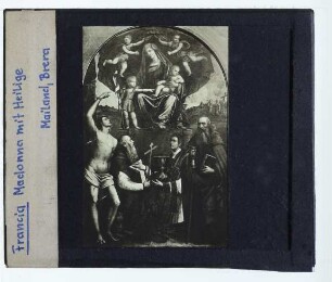 Francia (Werkstatt), Thronende Madonna mit Kind, hl. Johannes d. T., hl. Sebastian, hl. Hieronymus, hl. Barbaziano, hl. Antonius Abbas (Mailand, Brera)
