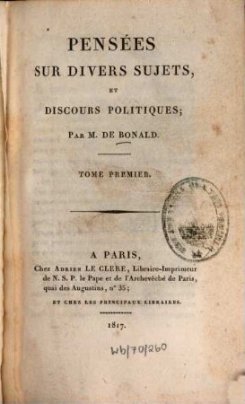 Pensées sur divers sujets et discours politique, 1