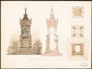 Uhrturm, Berlin: Ansicht, Schnitt, Grundrisse