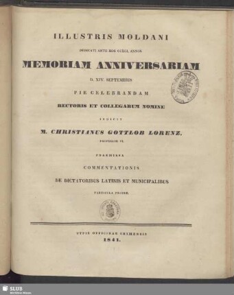 1841: Illustris Moldani dedicati ante hos ... annos memoriam anniversariam ... pie celebrandam ... indicit