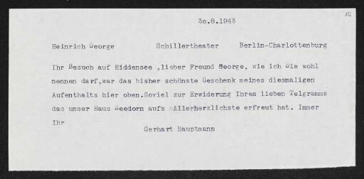 Brief von Gerhart Hauptmann an Heinrich George
