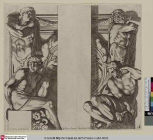 [Quatre figures de termes et d'autres hommes nuds et assis, peintes aux côtés de l'un des deux tableaux de la fable de Poliphème]