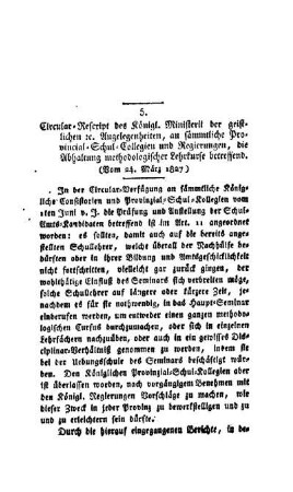 Circular-Rescript des Königl. Ministerii der geistlichen etc. Angelegenheiten, an sämtliche Provincial-Schul-Collegien und Regierungen, die Abhaltung methodologischer Lehrkurse betreffend : (Vom 24. März 1827)